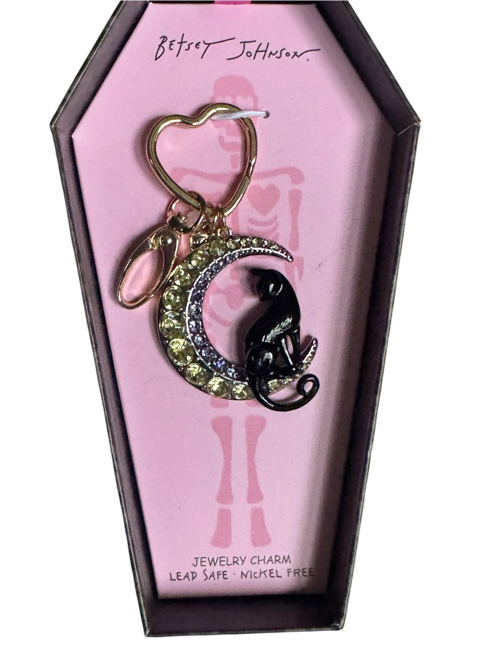 Betsey Johnson Black Cat on Jeweled Crescent Moon Keychain - NIB